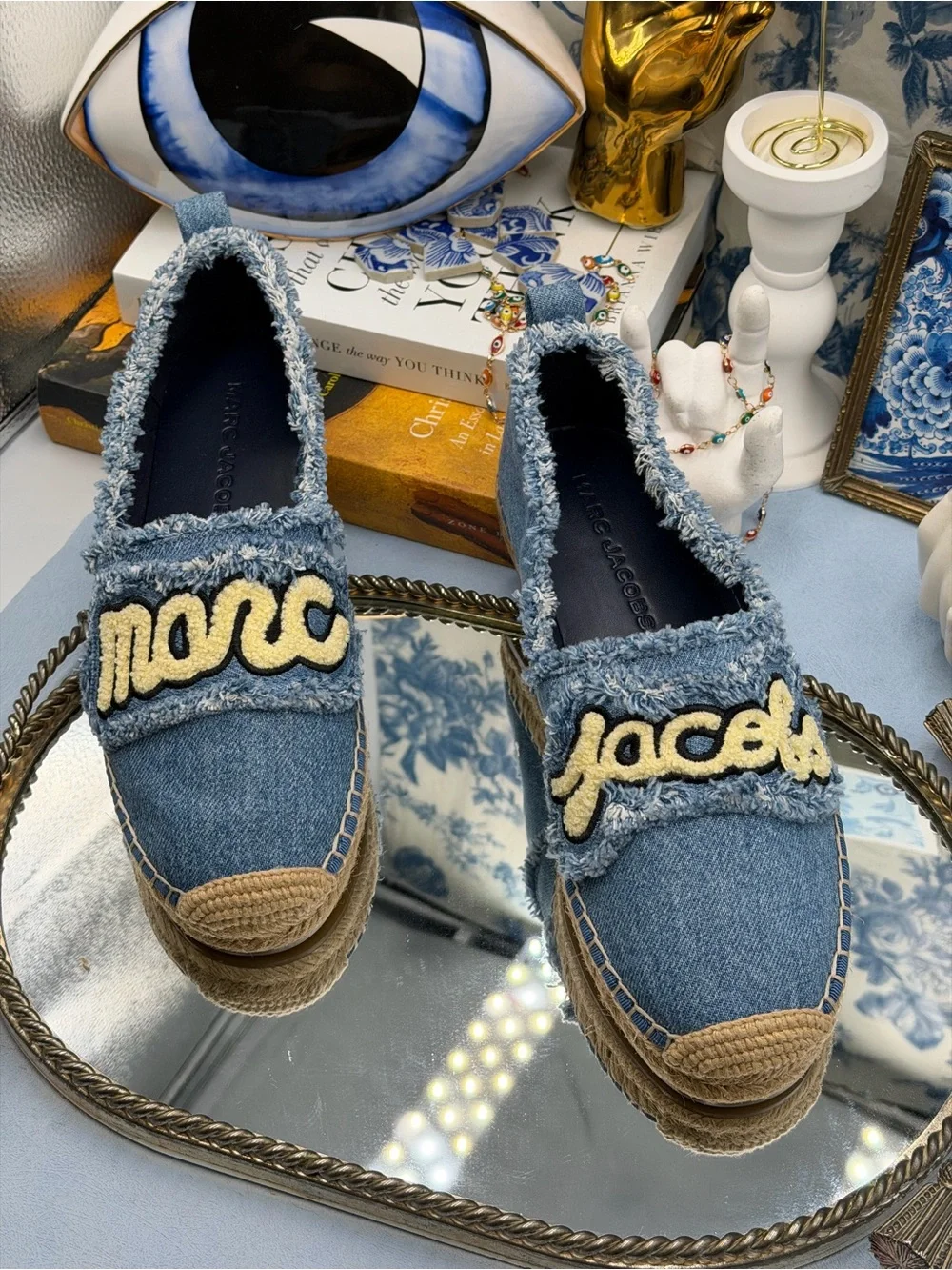 🆕 MARC JACOBS 🧿 NWOB The Marc Frayed Embroidered Logo Espadrille, Denim - Sz 7